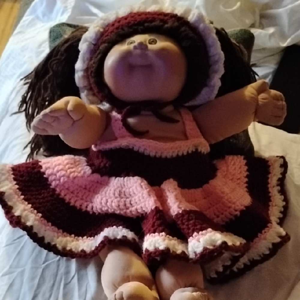 Vintage 1978 Signed Adorable Pink& Brown Crochet Dress Cabbage Patch